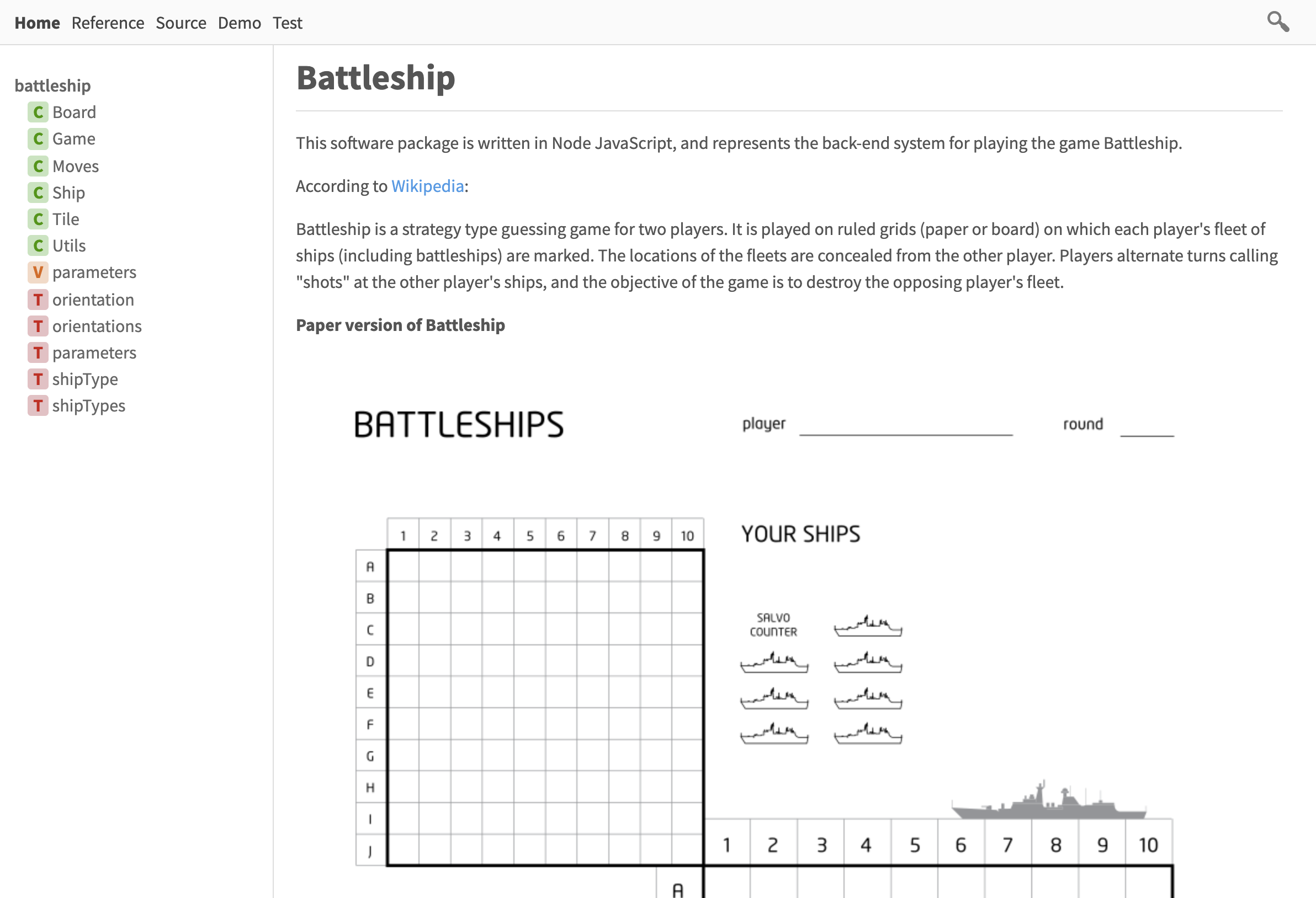 Screen shot of the ESDOCs for the Battleship game